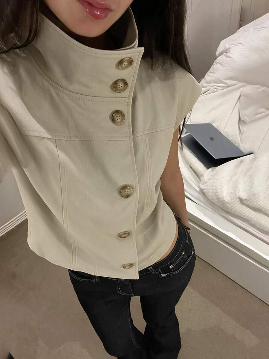 Livesso Women's Fashion High Neck Button Vest Jacket - Apricot - View 1