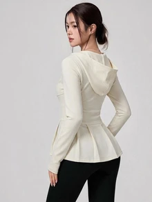 DAZY Women's Casual Minimalist Solid Color Zip-Up Hooded Ruffle Hem Slim Fit Sports Jacket - Beige - View 5