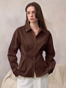 Zovinel 女款素色休閒百搭日常長袖襯衫 - 紫紅色 - 查看 3