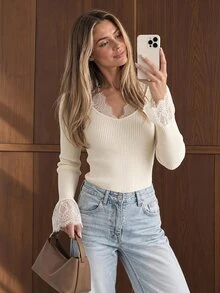 Easowa Casual Romantic Relaxed Elegant Commuter Old Money Style,Lace Patchwork Long Sleeve Fitted Sweater, Fall/ Women's Sweater Everyday Date Off-White - Apricot - View 2