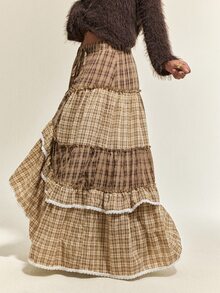 SHEIN Women's Autumn/Winter Bohemian Casual Asymmetrical Plaid Patchwork Voluminous Ruffle Hem Midi Skirt - Brown - View 5