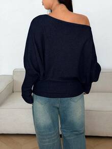 Sunnyshic Plus Size Sexy Off-Shoulder Solid Color Knit Sweater Fall - Navy Blue - View 2