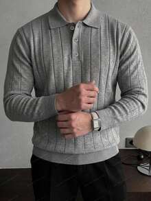 DAZY Men's Grey Polo Collar Ribbed Sweater, Autumn/Winter - Grey - View 6