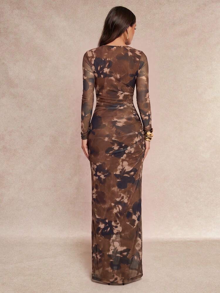 Silquee Gaun Wanita Elegan Motif Bunga Berlipit Leher Bulat Lengan Panjang Model Duyung Gaun Elegan untuk Wanita Pakaian Kerja untuk Wanita Gaun untuk Liburan - Chocolate Brown - View 2