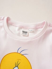 LOONEY TUNES X SHEIN 女嬰卡通印花長袖上衣與條紋內搭褲居家服套裝 - 粉色 - 查看 3