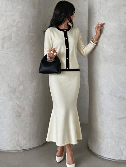NOVVYNE Round Neck Contrast Trim Cardigan & Mermaid Skirt 2 Pieces Commuter Sweater Set