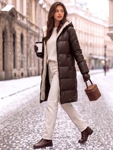 SHEIN Clasi 女款純色長袖前開拉鍊保暖內裡連帽冬季夾克 - 咖啡棕 - 查看 5