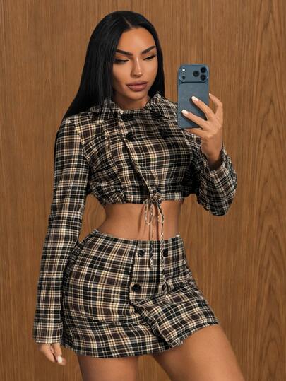 SHEIN SXY Women's Plaid Hem Tie Double-Breasted Cropped Top And Bodycon Skirt Fashion Set