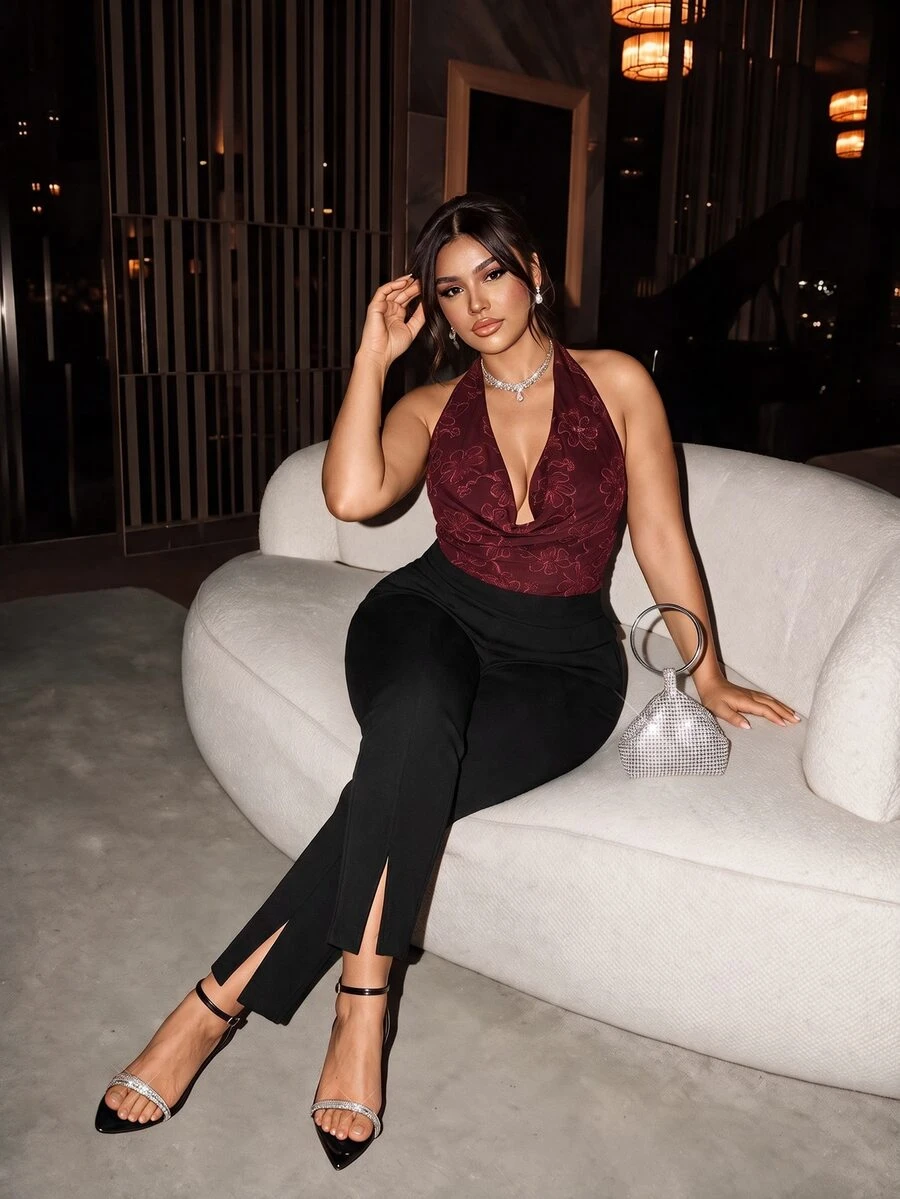 Firerie Plus Size Women Solid Color High Waist Split Design Slim Fit Long Pants - Black - View 1