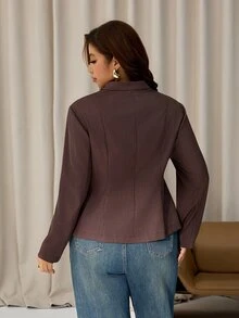 Auralis Autumn/Winter New Chinese Style Frog Button Decor Cinched Waist Brown Plus Size Blazer/Elegant Commute Daily - Brown - View 4