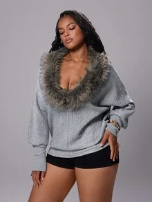 Rustia Casual Faux Cable Knit Batwing Sleeve Asymmetrical Shoulder V-Neck Sweatshirt Top - Grey - View 4
