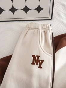 2件組男童幼兒套裝，秋冬韓系簡約杏色與咖啡色拼色落肩袖圓領衛衣搭配同款寬鬆運動長褲，適合日常外出、玩耍與開學穿著 - 卡其色 - 查看 6