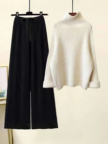 Chiquease 2件組女款針織套裝，米白色羅紋半高領長袖毛衣與杏色長褲，優雅休閒秋冬居家極簡風 - 黑與白 - 查看 1