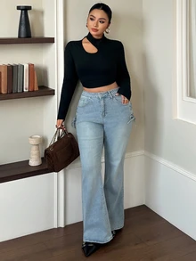 Dazy Plus Elastic Skinny Sexy Elegant Side Tie Design Flare Long Denim Jeans Spring Autumn New Style - Light Wash - View 4