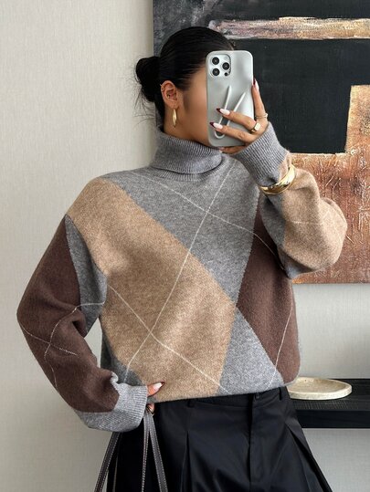Dazy Plus Plaid Loose Long Sleeve Round Neck Vintage Casual Elegant High Neck Autumn/Winter Sweater Vacation Club Grey