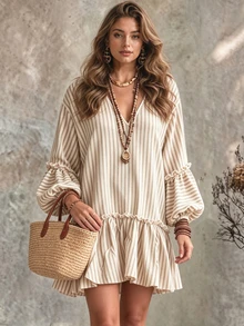 Ceyna Bohemian Style Khaki Vertical Striped V-Neck Short Dress, Double Layer Ruffle Bell Sleeves Loose Fit, Bamboo Linen Texture Vacation Casual Plus Size Dress - Beige - View 5