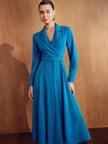 MOTF PREMIUM WOMEN'S BLUE COMMUTER SPLIT DESIGN SPROUT TRIM ELEGANT MID-LENGTH DRESS - Blue - View 4