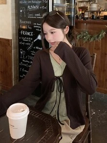 DAZY Women's Autumn/Winter Brown V-Neck Green 2 In 1 Patchwork Ribbed Knit Layered Casual Sweet Vintage Cardigan T-Shirt - Brown - View 5