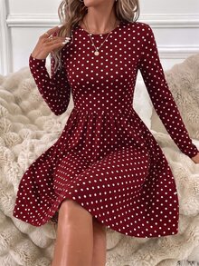 SHEIN Clasi 女款休閒通勤波點印花洋裝 - 酒紅色 - 查看 6
