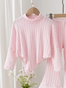SHEIN Elladie kids 幼童女童紅色羅紋高領兩件套，高領長袖不對稱上衣搭配紅色人造毛領袖口，附配套羅紋下裝 - 粉色 - 查看 5