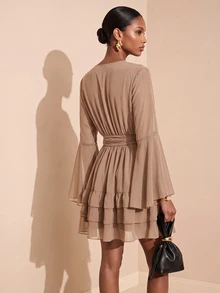 Vesra Women's Solid Color Notch V-Neck Bell Sleeve Fashion Short Dress - Khaki - View 2