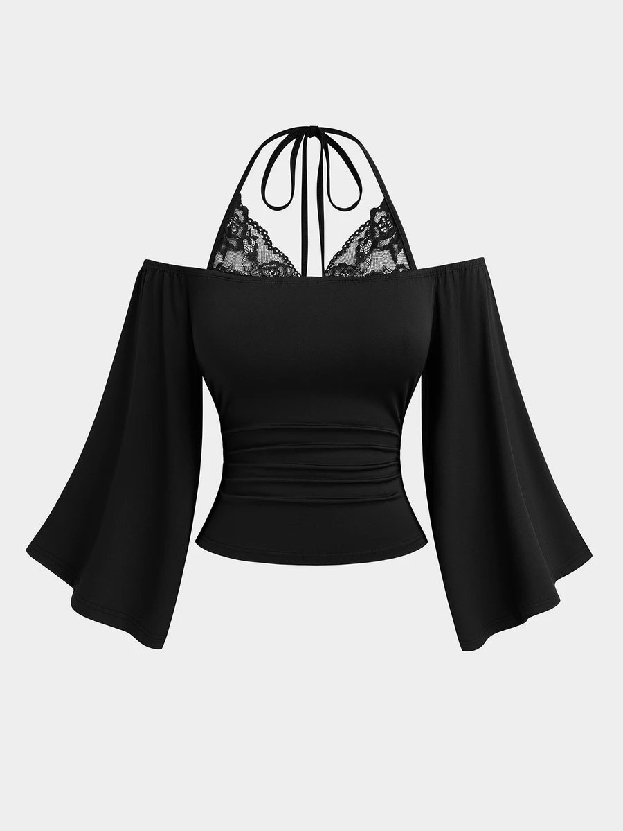 Sweetra Plus Size Sexy Lace Patchwork Halter Neck Tie T-Shirt - Black - View 1