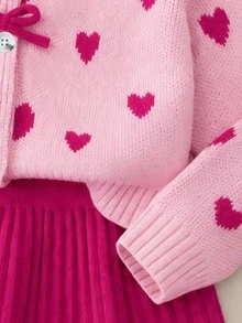 SHEIN Bộ len dệt kim áo tay dài và chân váy họa tiết trái tim cho bé gái mùa đông - Màu Hồng Tươi - Xem 7
