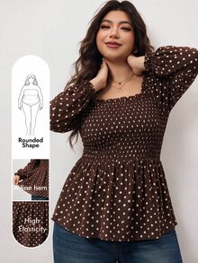 Enliva Plus Size Polka Dot Smocked Waist Blouse Compatible With Apple Body Round Body - Brown - View 1