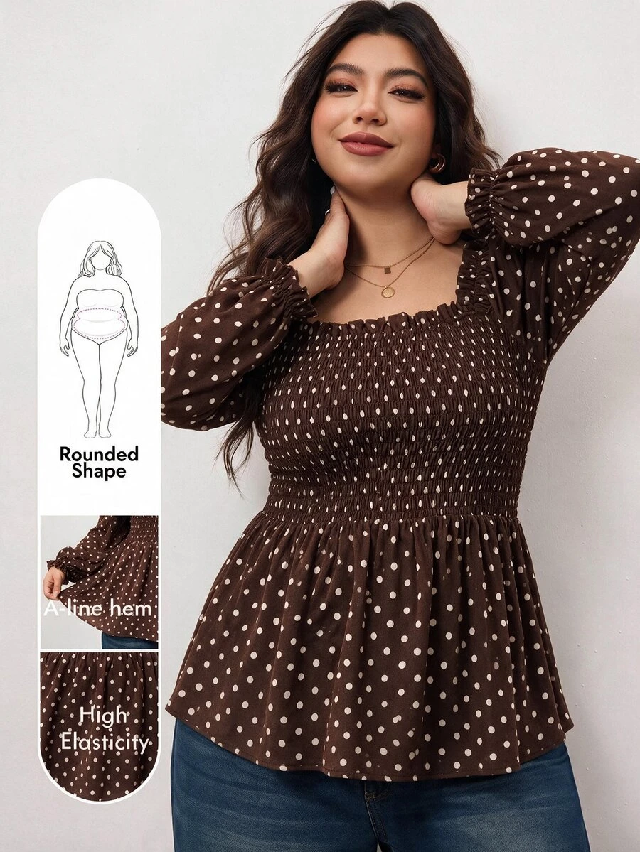 Enliva Plus Size Polka Dot Smocked Waist Blouse Compatible With Apple Body Round Body - Brown - View 1