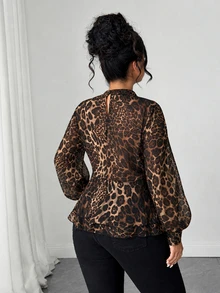 Elenzga 2026 Autumn/Winter New Leopard Print Ruffle Hem Fashion Sexy Casual Commute Woven Chiffon Blouse - Multicolor - View 2