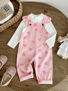 Vintaside Kids 2件組幼兒女嬰上衣吊帶褲套裝，可愛甜美粉色白色荷葉邊愛心印花長袖假領休閒款，秋季公主風柔軟衣著 - 淺粉色 - 查看 1