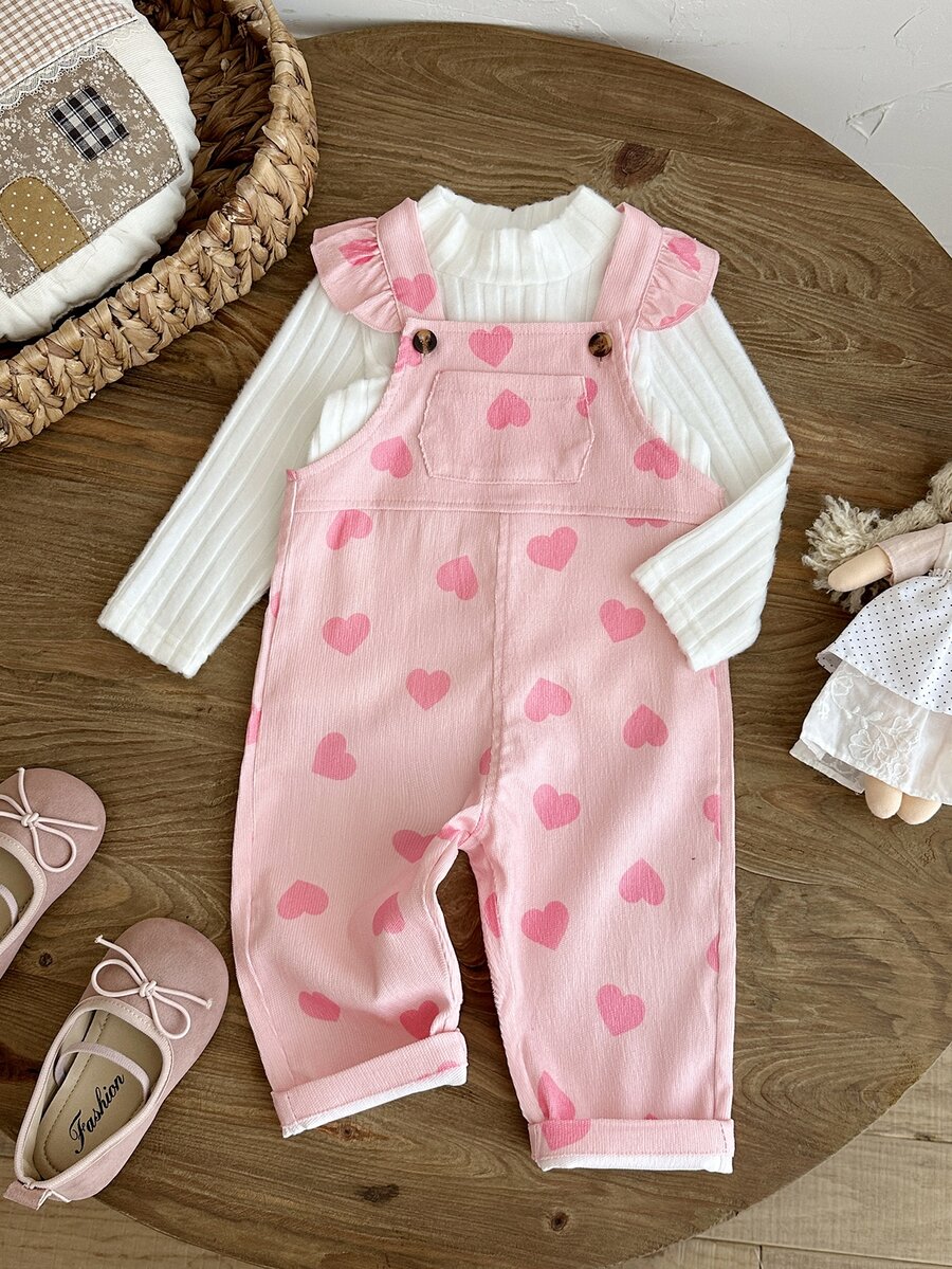 Vintaside Kids 2件組幼兒女嬰上衣吊帶褲套裝,可愛甜美粉色白色荷葉邊愛心印花長袖假領休閒款,秋季公主風柔軟衣著 - 淺粉色 - 查看 1