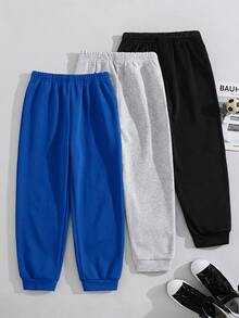SHEIN 3件組兒童青少年男孩休閒百搭款黑色灰色多色運動長褲，適合通勤、上學、日常休閒外出、運動，春夏秋冬四季適用 - 彩色 - 查看 3