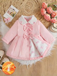SHEIN 幼女可愛甜美粉色毛絨領結前襟百褶長袖翻領厚絨內裡冬季公主保暖夾克外套 - 粉色 - 查看 1