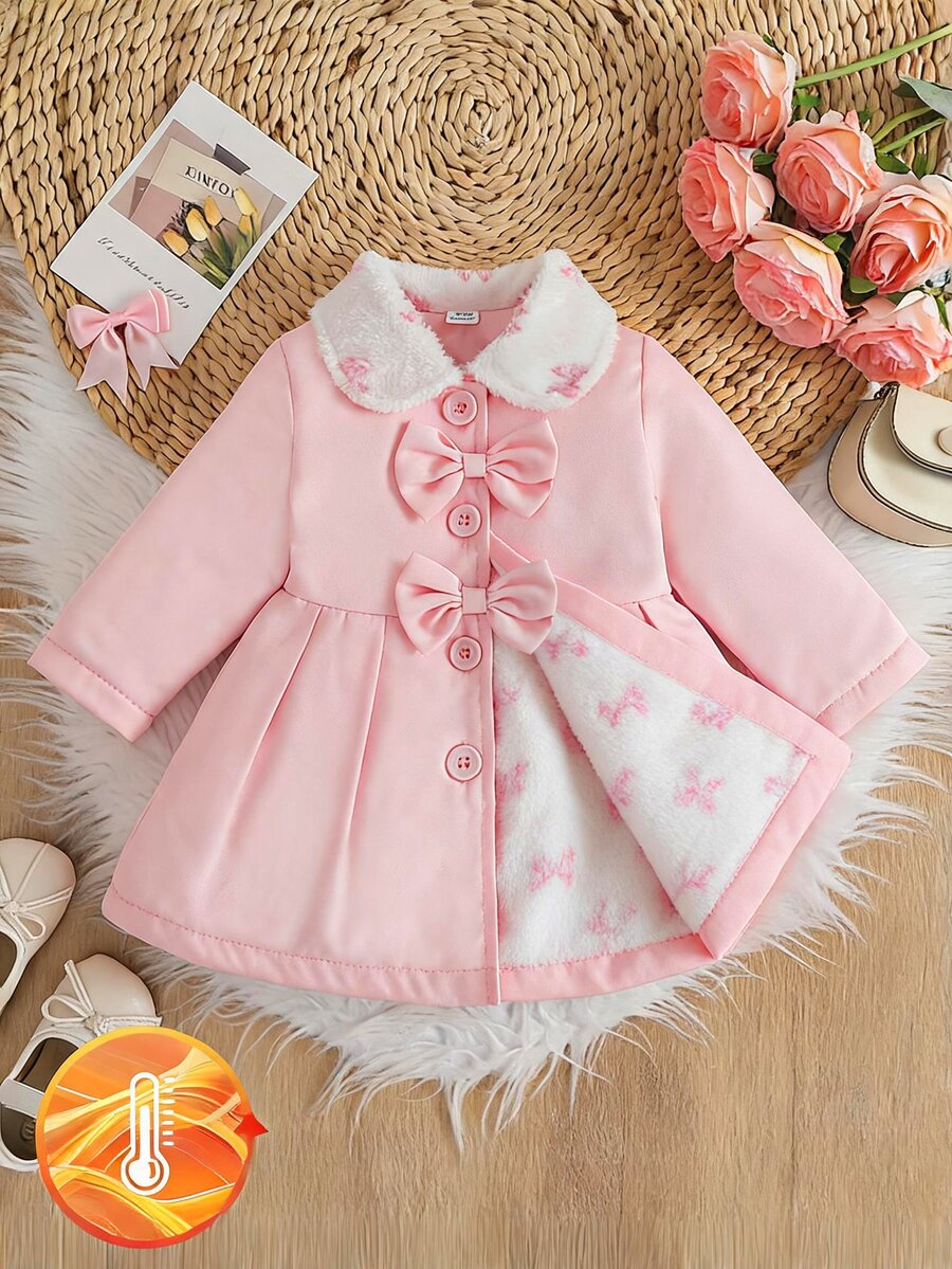 SHEIN 幼女可愛甜美粉色毛絨領結前襟百褶長袖翻領厚絨內裡冬季公主保暖夾克外套 - 粉色 - 查看 1