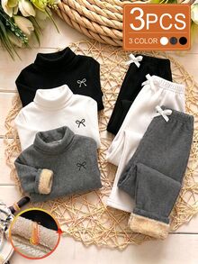 SHEIN Vintaside Kids 3件組幼童女款可愛甜美黑色白色灰色蝴蝶結鬆緊腰長褲 毛絨內裡加厚保暖 秋冬戶外休閒舒適長褲 - 黑色 - 查看 5