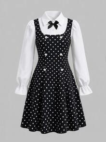 SHEIN Tween Girls Fall Style Fake Two-Piece Polka Dot Dress Puff Long Sleeve Bow Decor Back To School Daily Party Outfit - Black and White - View 1