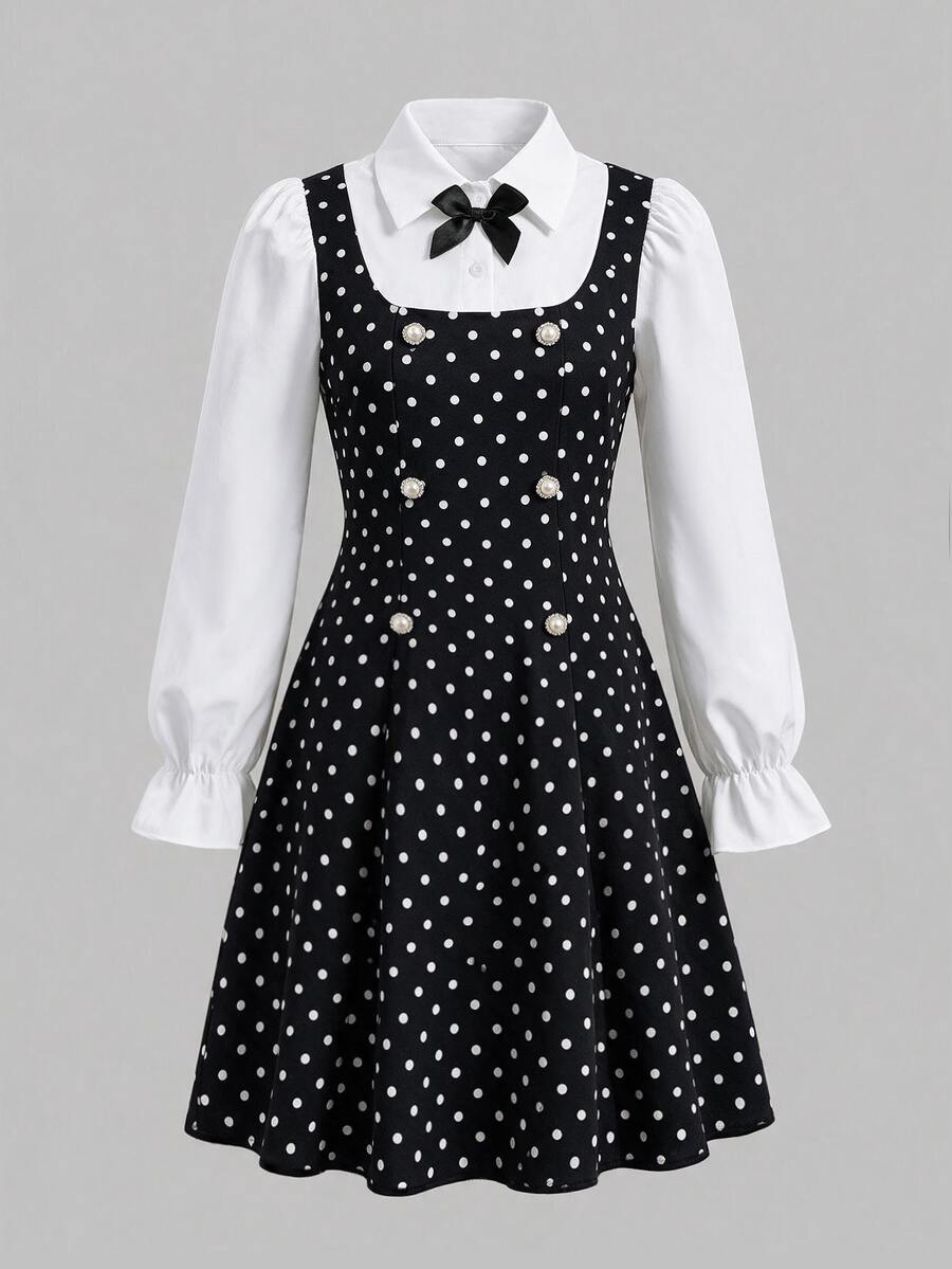 SHEIN Tween Girls Fall Style Fake Two-Piece Polka Dot Dress Puff Long Sleeve Bow Decor Back To School Daily Party Outfit - Black and White - View 1