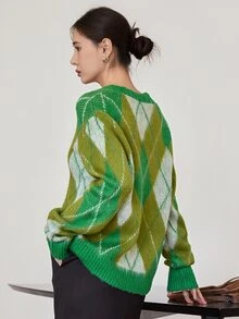 Dazy-Less Women's Olive Green Round Neck Button Cable Knit Long Sleeve Fitted Ribbed Cardigan, Fall/ Brunch Casual Preppy - Green - View 2
