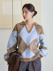 Dazy-Less Women's Diamond Grid Casual Daily Long Sleeve Sweater - Brown - View 4