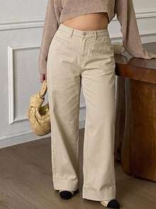 Dazy Plus Autumn Casual Loose Fit Slanted Pocket Loose Retro Wide Leg Long Pants All Season Denim Jeans Going Out Beach Cream - Apricot - View 1