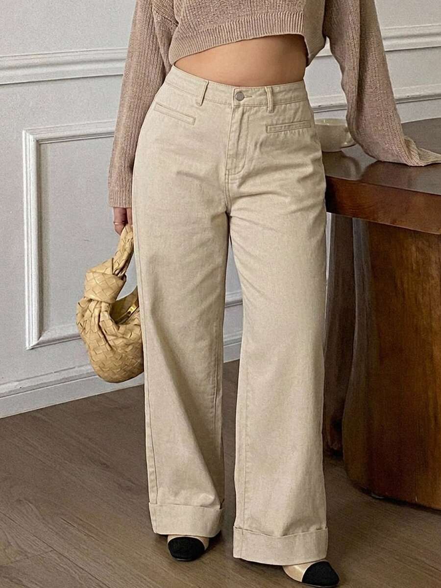 Dazy Plus Autumn Casual Loose Fit Slanted Pocket Loose Retro Wide Leg Long Pants All Season Denim Jeans Going Out Beach Cream - Apricot - View 1