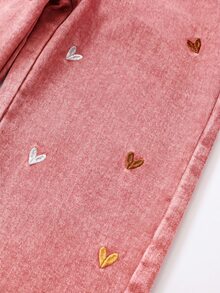 SHEIN 女童時尚可愛街頭風愛心刺繡寬鬆直筒牛仔長褲 - 粉色 - 查看 8