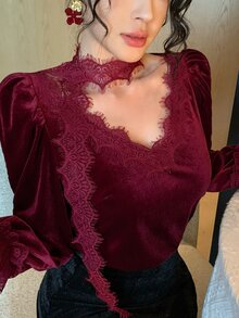 DAZY Women's Loose Blouse With Eyelash Lace Trim, Ribbon And Bell Sleeves - Burgundy - View 11