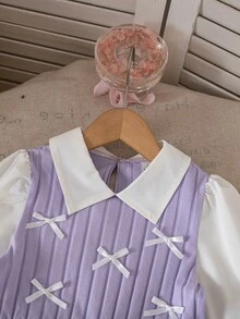 Elladie kids 女童春/秋休閒襯衫套裝，返校季，淺粉色針織刷毛羅紋布拼接梭織布，白色長袖翻領 - 紫色 - 查看 3