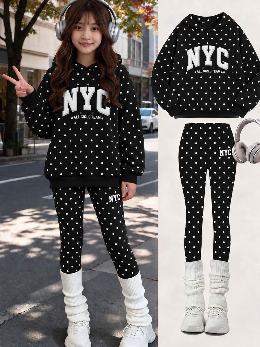Tween Girls Hooded Drop Shoulder Sweatshirt & Fitted Leggings 2 Pieces Set, Thermal Lined - Multicolor - View 1