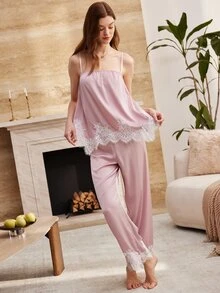 Moireta Women's Elegant Romantic Charming Lace Patchwork Comfortable Satin Pink Pajama Set - Pink - View 6