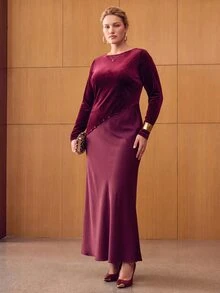 MOTF PREMIUM VELVET CONTRAST SATIN SQUARE NECK FABRIC COVERED BUTTON MID-LENGTH DRESS - Burgundy - View 7