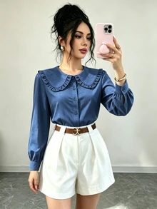 Elenzga Blue Peter Pan Collar Peter Pan Collar Women's Blouse - Blue - View 3