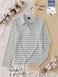 Tseoso 95%棉全印花 Polo 領女款 T-shirt，極簡灰色條紋，低調百搭風格，街頭時尚穿搭，咖啡廳休閒氛圍，高端通勤機場穿搭，大學校園返校穿搭，夜店穿搭，青年休閒風格 - 彩色 - 查看 1
